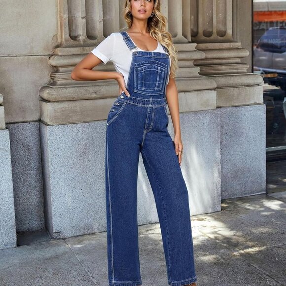 Women's Wide Leg Stretch Denim Overalls – Adjustable Straps, Casual Work Jeans J - Picture 6 of 7